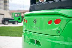 Close-up of the rear of a green CESAB B3 forklift with logo and red taillights. - Prince Maasdijk