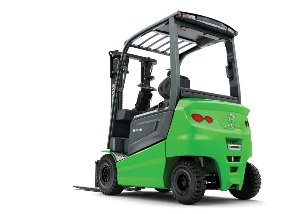 Green CESAB B635 electric forklift from rear left corner on white background. - Prince Maasdijk