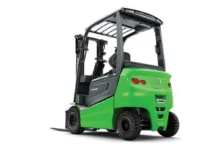Green CESAB B635 electric forklift from rear left corner on white background. - Prince Maasdijk