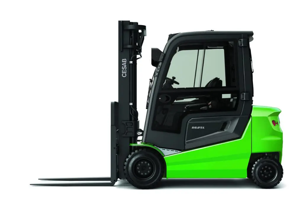 Green CESAB B625L electric forklift with closed cab, side view on white background. - Prince Maasdijk