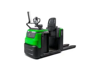 CESAB O1 electric pallet truck with seat and touchscreen display, left oblique front view on white background | Prins Maasdijk