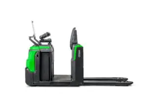 CESAB O1 electric pallet truck with seat and driving platform, side view on white background | Prins Maasdijk