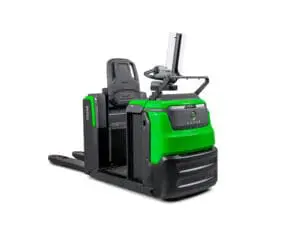 CESAB O1 electric pallet truck with seat and touchscreen display, right angled front view on white background | Prins Maasdijk