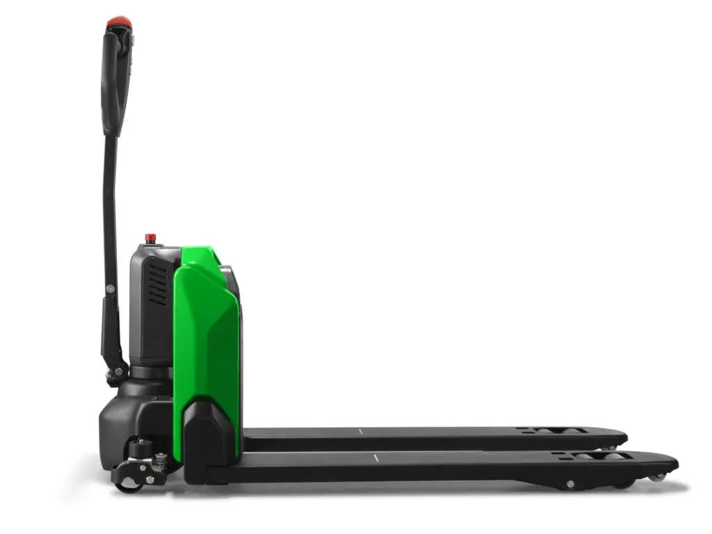 Green CESAB P013i electric pallet truck, side view on white background. - Prince Maasdijk