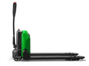 Green CESAB P013i electric pallet truck, side view on white background. - Prince Maasdijk