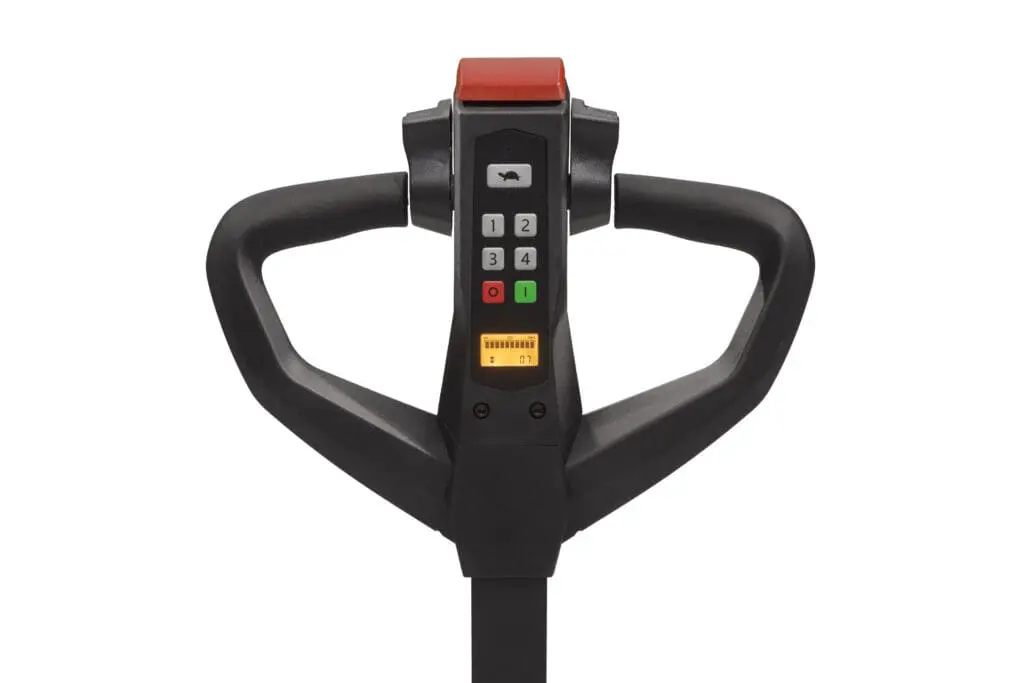 Close-up of the control handle of the CESAB P013iB with display and buttons on white background. - Prince Maasdijk