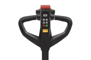 Close-up of the control handle of the CESAB P013iB with display and buttons on white background. - Prince Maasdijk