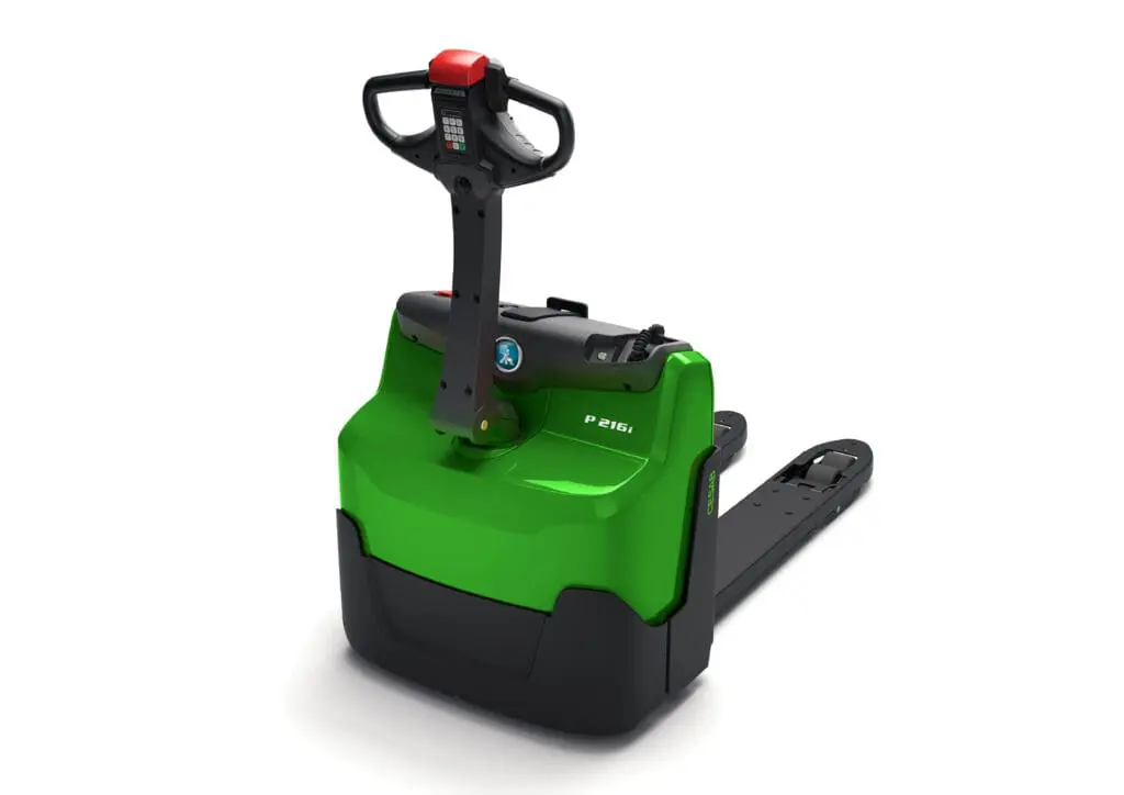 Green CESAB P216i electric pallet truck, left-front view on white background. - Prince Maasdijk