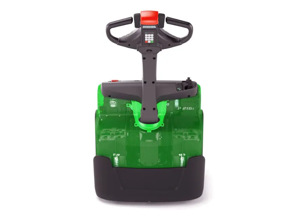 CESAB P216i electric pallet truck transparent section with visible lithium-ion battery body, front view on white background | Prins Maasdijk