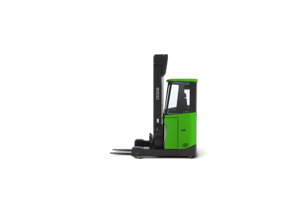 CESAB R300 closed-cab electric reach truck in green, side view on white background | Prins Maasdijk