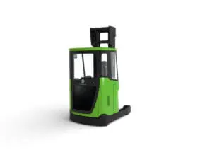CESAB R300 closed-cab electric reach truck in green, three-quarter rear view on white background | Prins Maasdijk