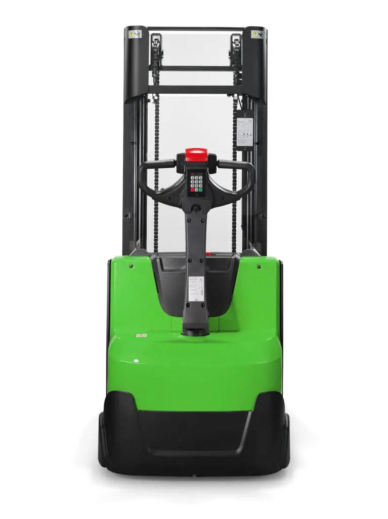 CESAB S212 electric stacker straight front view with transparent mast and keypad on white background | Prins Maasdijk