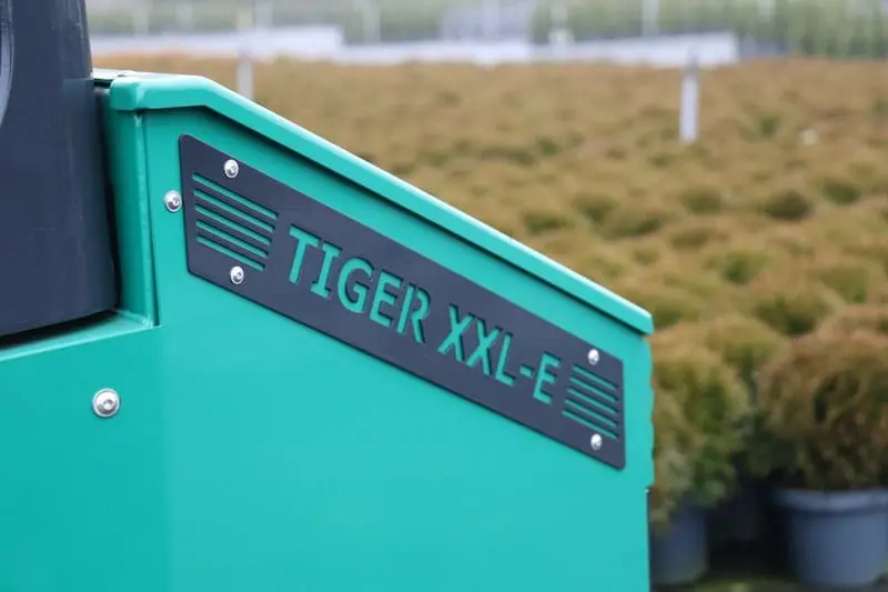 Close-up of the "Tiger XXL-E" nameplate on the green hull, with plants in the background. - Prince Maasdijk