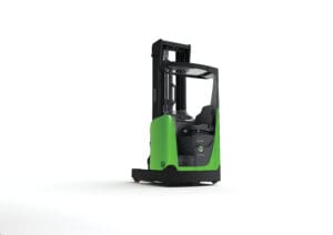 CESAB R200 reach truck with 1,400 to 1,600 kg capacity and lift height up to 8.5 meters. Ideal for narrow aisles.